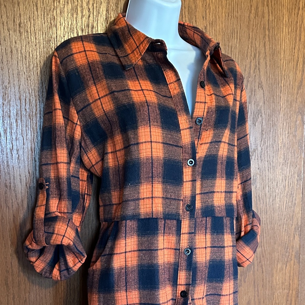 Button-Down Plaid Shirt Dress in Orange and Blue - Picture 2 of 7